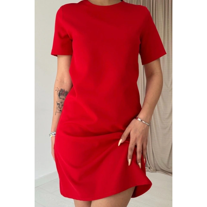 Kırmızı Kısa Kol Atlas ini Elbise