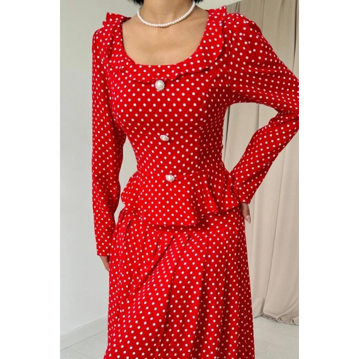 Kırmızı Puantiye Desenli Volanlı Elbise