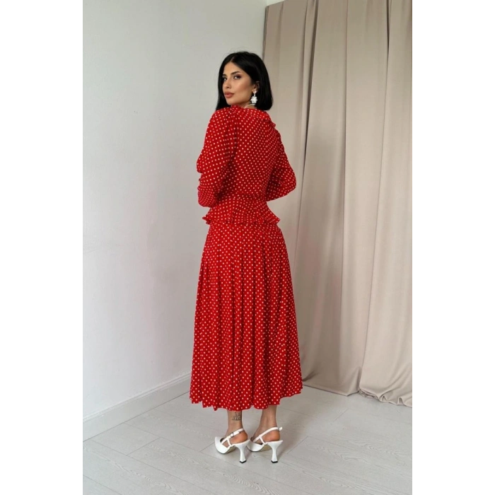 Kırmızı Puantiye Desenli Volanlı Elbise