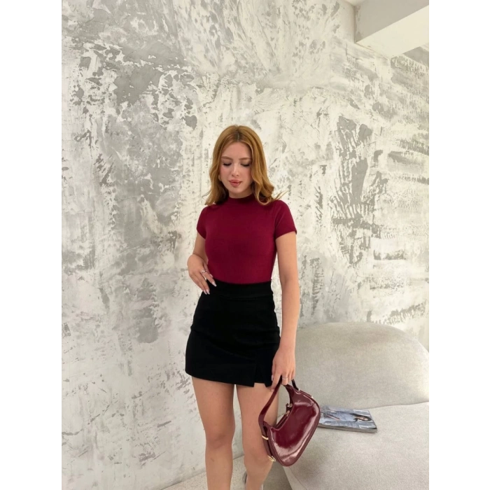 Kısa Kol Badi Bluz  Bordo