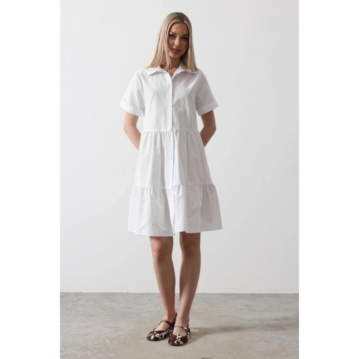 Kısa Kol Düğmeli Elbise  Beyaz
