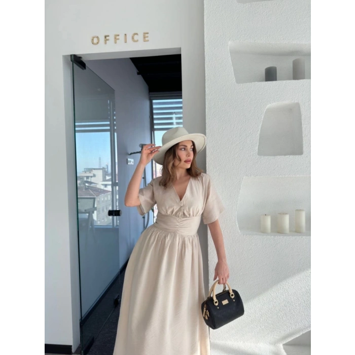 Kısa Kollu Uzun Elbise  Kırık Beyaz