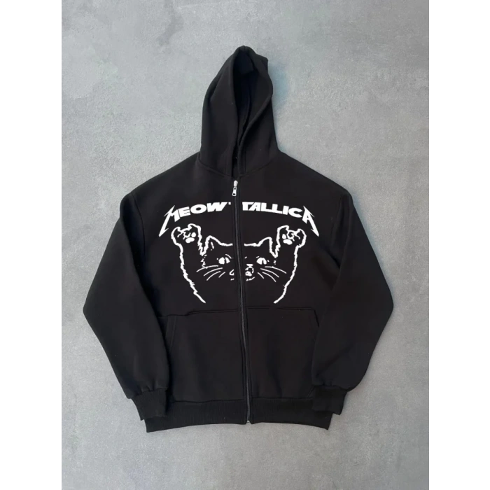 Kışlık Baskılı Fermuarlı Kapüşonlu Hırka  iyah