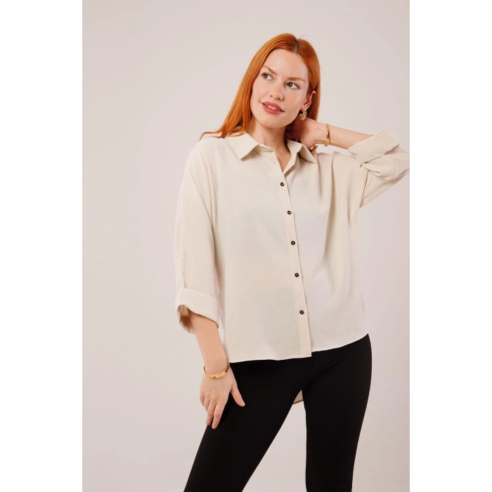 Kol Katlama Detaylı Bej Gömlek