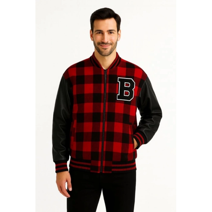 Kolları uni Deri Içi Astarlı Oduncu Kolej Içi Ceket  Bordo