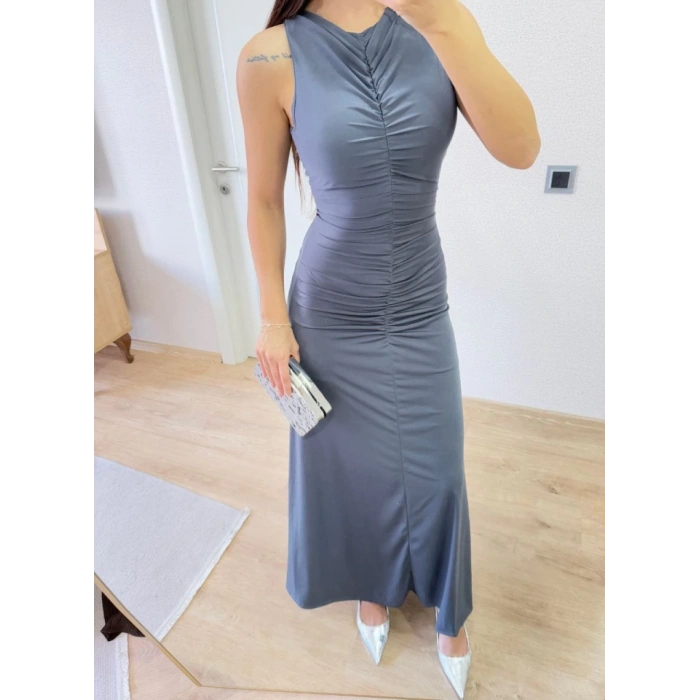 Kolsuz Büzgülü Uzun Elbise  Füme