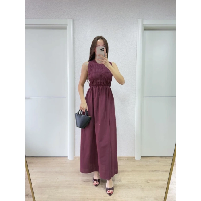 Kolsuz Göğüs astıklı Uzun Elbise  Bordo