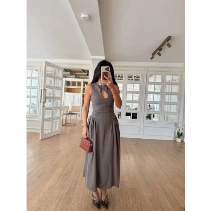 Kolsuz Uzun Kabardin Elbise  Gri