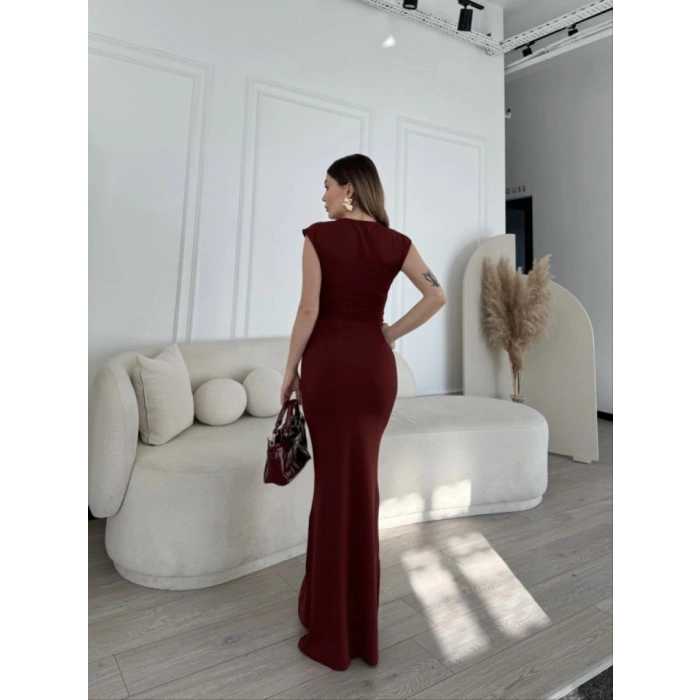 Kolsuz Uzun Likralı Elbise  Bordo