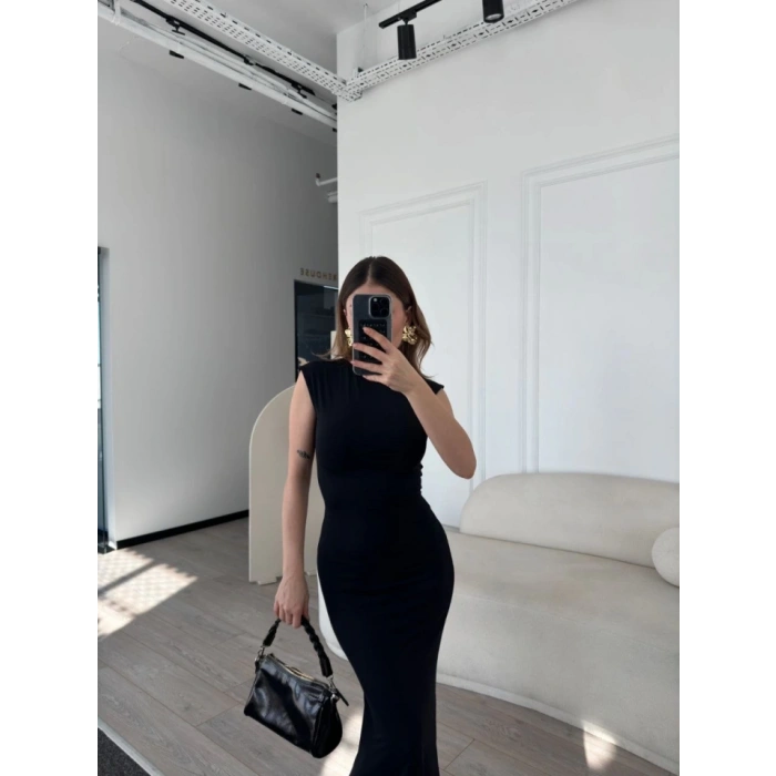 Kolsuz Uzun Likralı Elbise  iyah