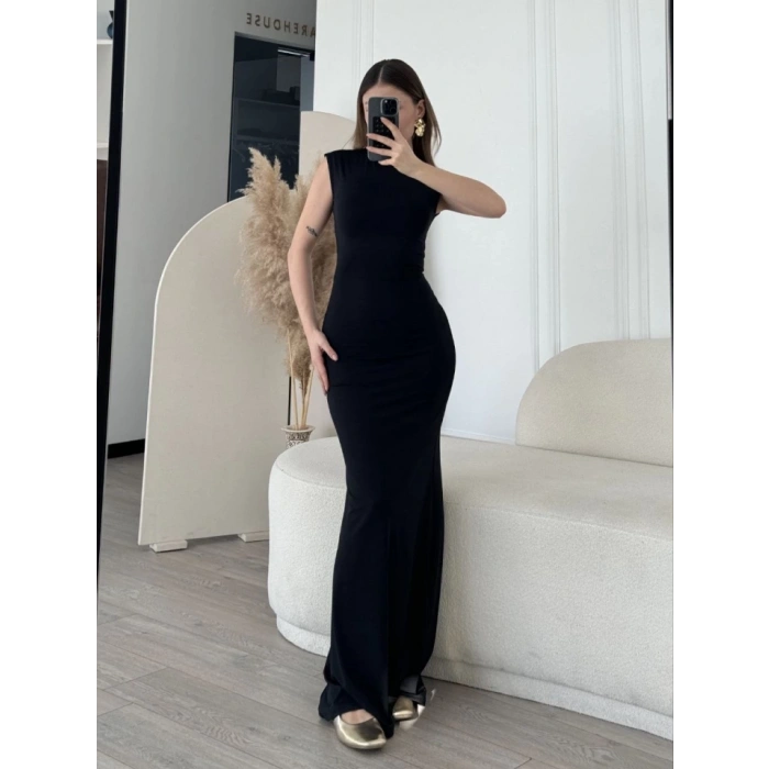 Kolsuz Uzun Likralı Elbise  iyah