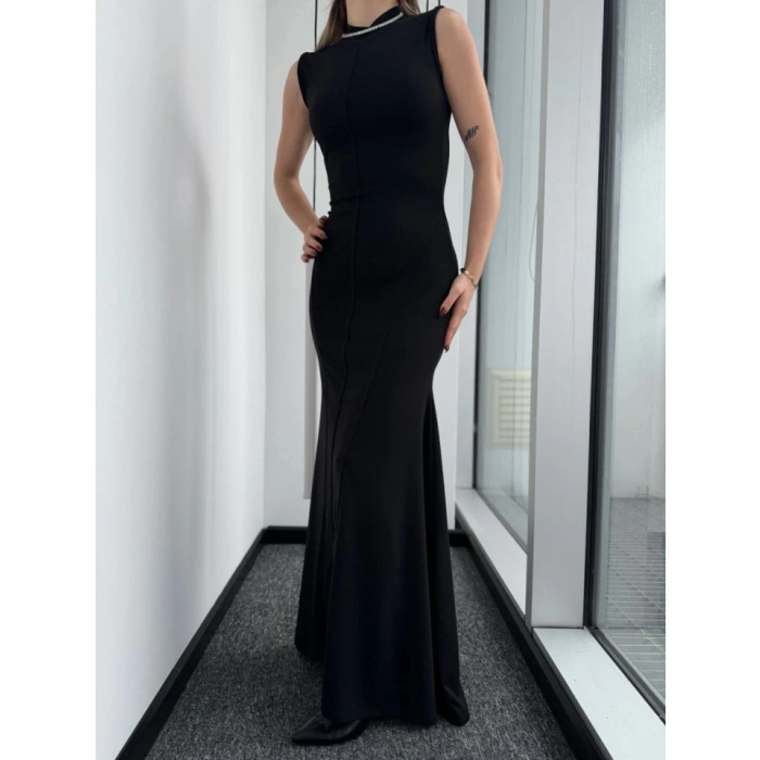 Kolsuz Yarım Bogazlı Uzun Elbise iyah