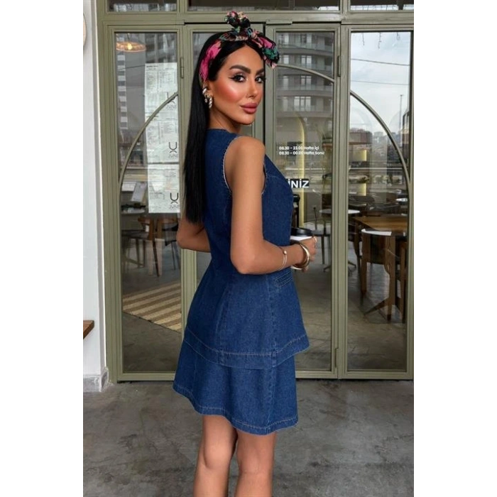 Kolsuz Yelekli ini Etekli Denim Takım 10164