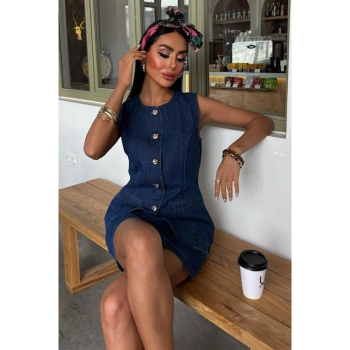 Kolsuz Yelekli ini Etekli Denim Takım 10164