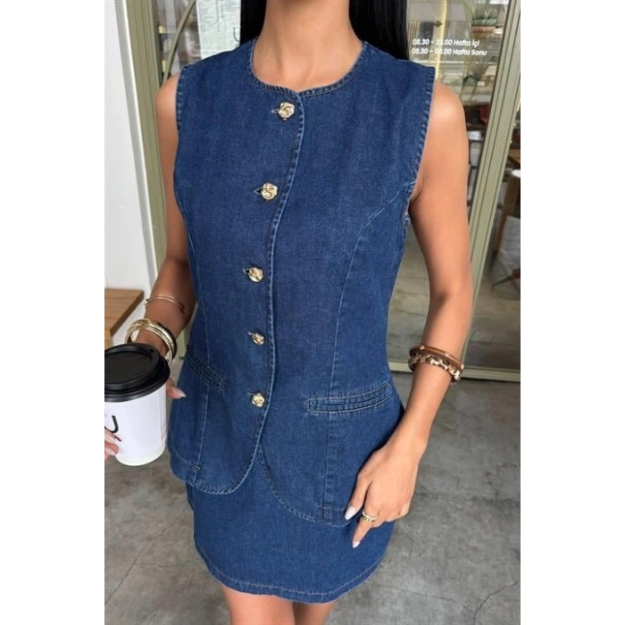 Kolsuz Yelekli ini Etekli Denim Takım 10164