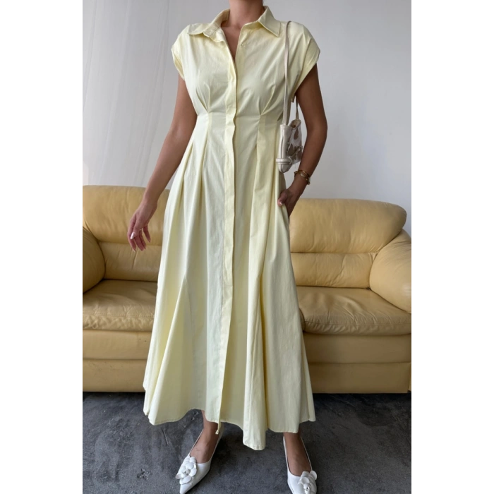 KOLSUZ VATKALI ÖNDEN DÜĞELİBEL PENS DETAYLI POPLİN ELBİSE  Sarı