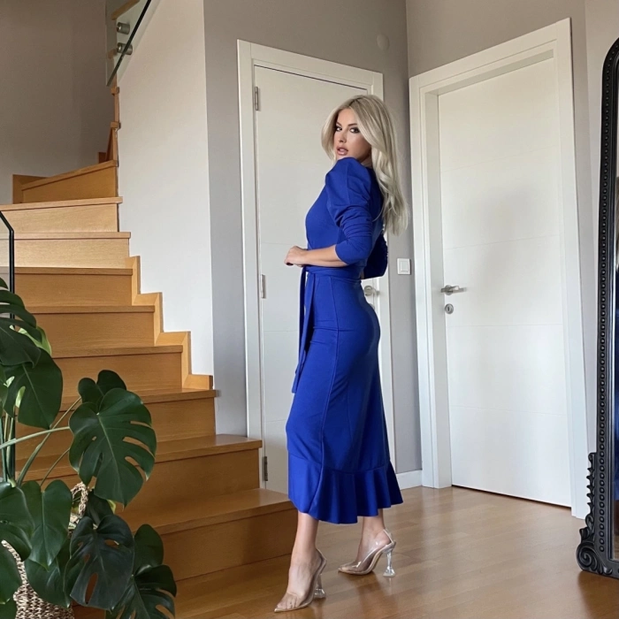 Krep Kumaş idi Boy Kuşaklı Uzunkol Elbise