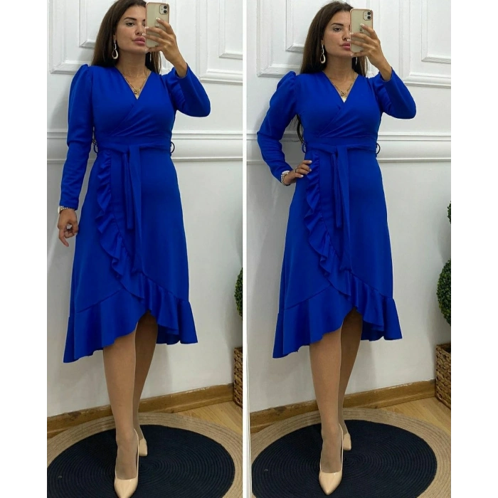 Krep Kumaş idi Boy Kuşaklı Uzunkol Elbise