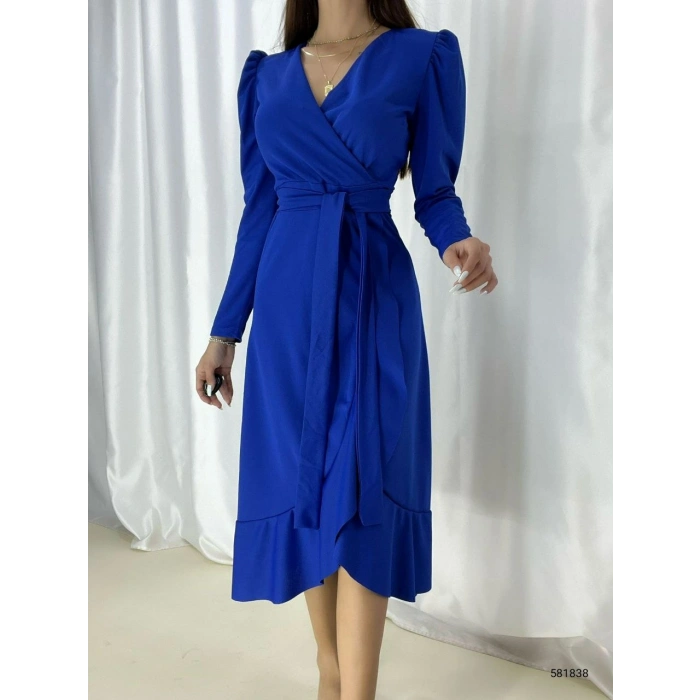 Krep Kumaş idi Boy Kuşaklı Uzunkol Elbise