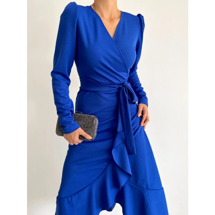 Krep Kumaş idi Boy Kuşaklı Uzunkol Elbise