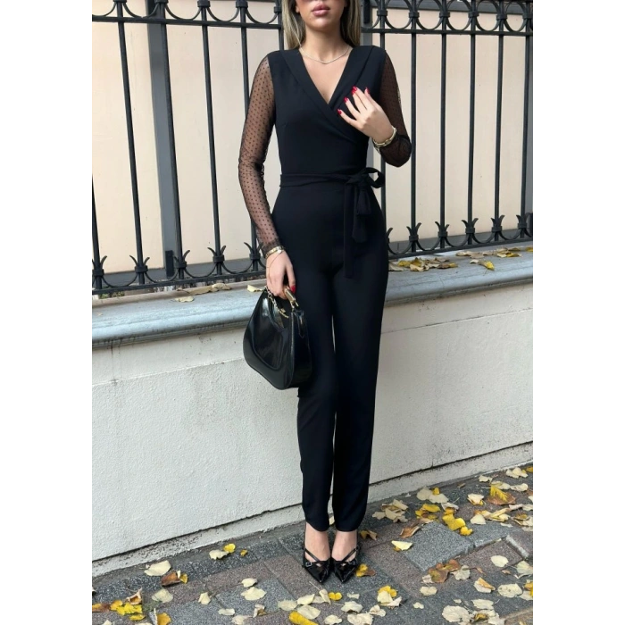 Krep Kumaş Kol Tül Puan Detaylı Kuşaklı Tulum 141 Cm