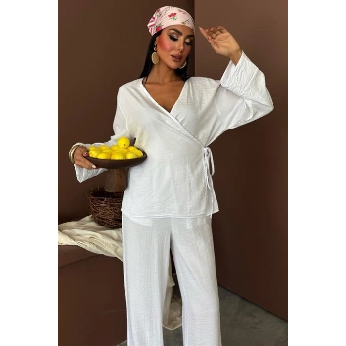 Kruvaze odel Klasik Pantolonlu Çupra Keten Takım 10191