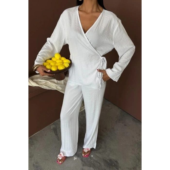 Kruvaze odel Klasik Pantolonlu Çupra Keten Takım 10191