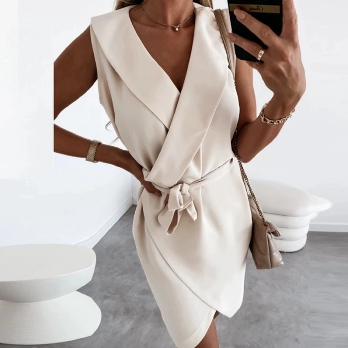 Kruvaze Yaka Kuşaklı Krep Kumaş Elbise