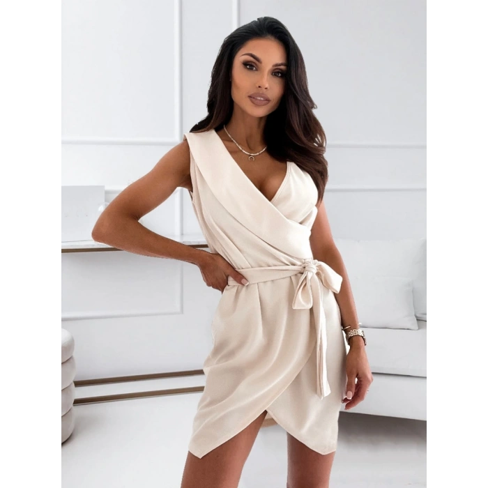 Kruvaze Yaka Kuşaklı Krep Kumaş Elbise