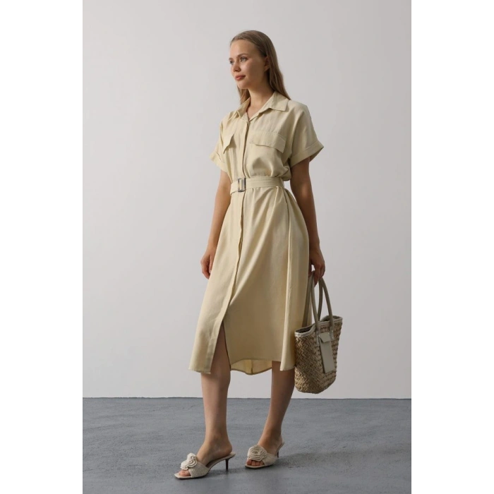 Kuşaklı Cep Detaylı Yarım Kol Elbise  Ekru