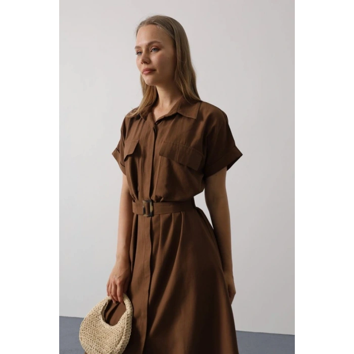 Kuşaklı Cep Detaylı Yarım Kol Elbise  Kahve