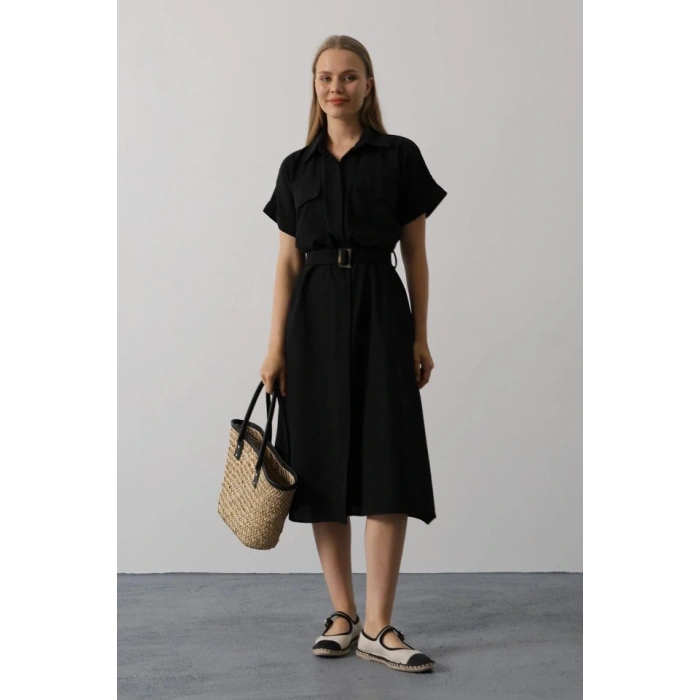 Kuşaklı Cep Detaylı Yarım Kol Elbise  Siyah
