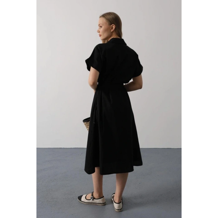 Kuşaklı Cep Detaylı Yarım Kol Elbise  Siyah