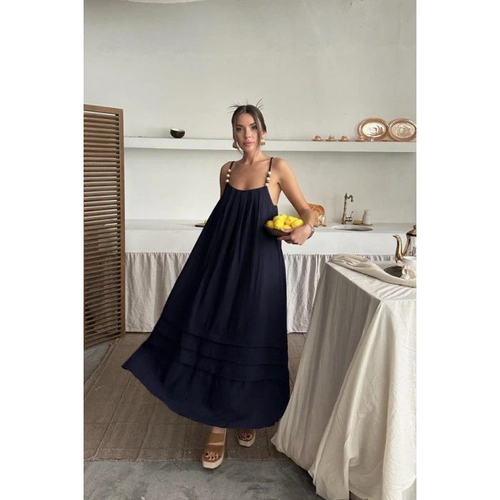 Lacivert Askılı üslin Elbise