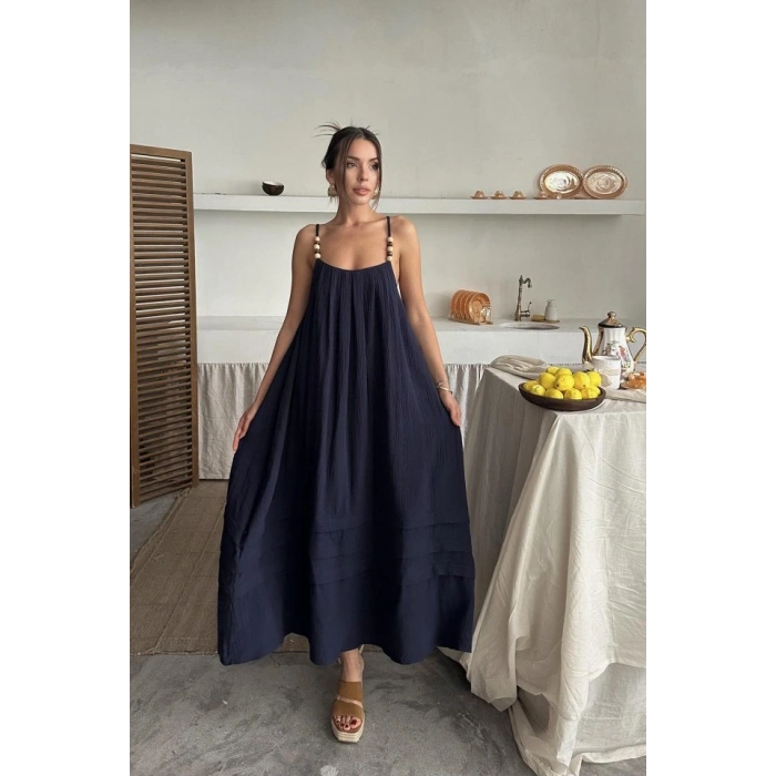 Lacivert Askılı üslin Elbise