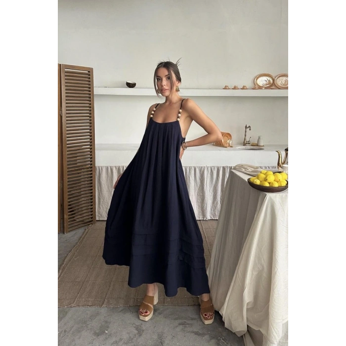 Lacivert Askılı üslin Elbise