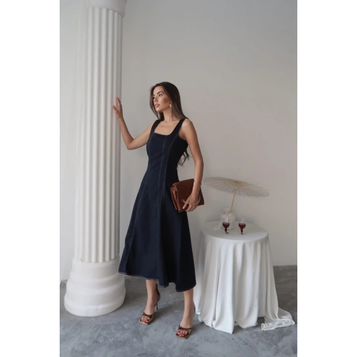 Lacivert Çift Dikişli Gabardin Elbise