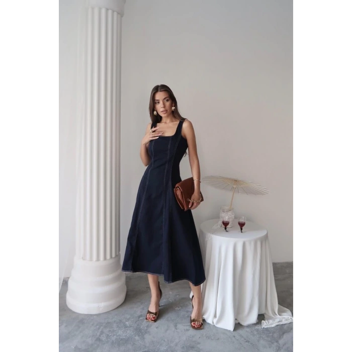 Lacivert Çift Dikişli Gabardin Elbise