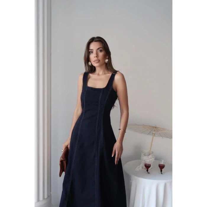Lacivert Çift Dikişli Gabardin Elbise