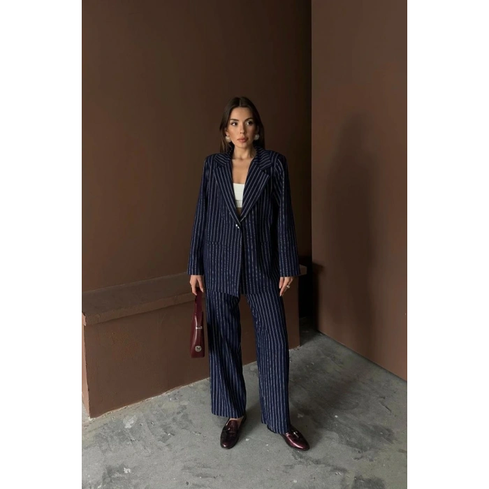 acivert Çizgili Ceket Ve Pantolon Takım