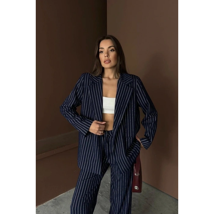 acivert Çizgili Ceket Ve Pantolon Takım