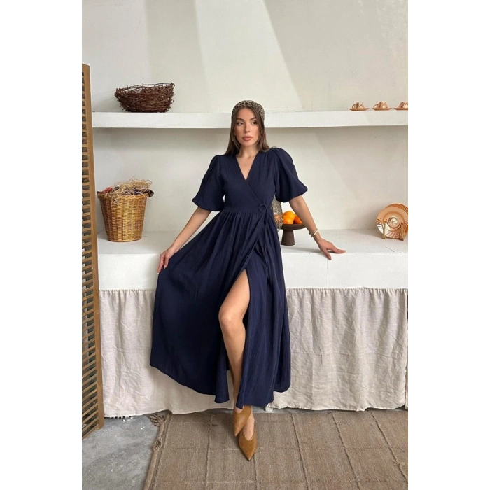 Lacivert Müslin Uzun Elbise