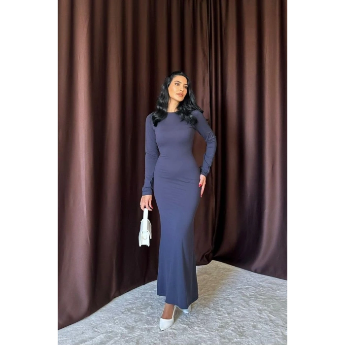 Lacivert Vücudu aran Uzun Elbise