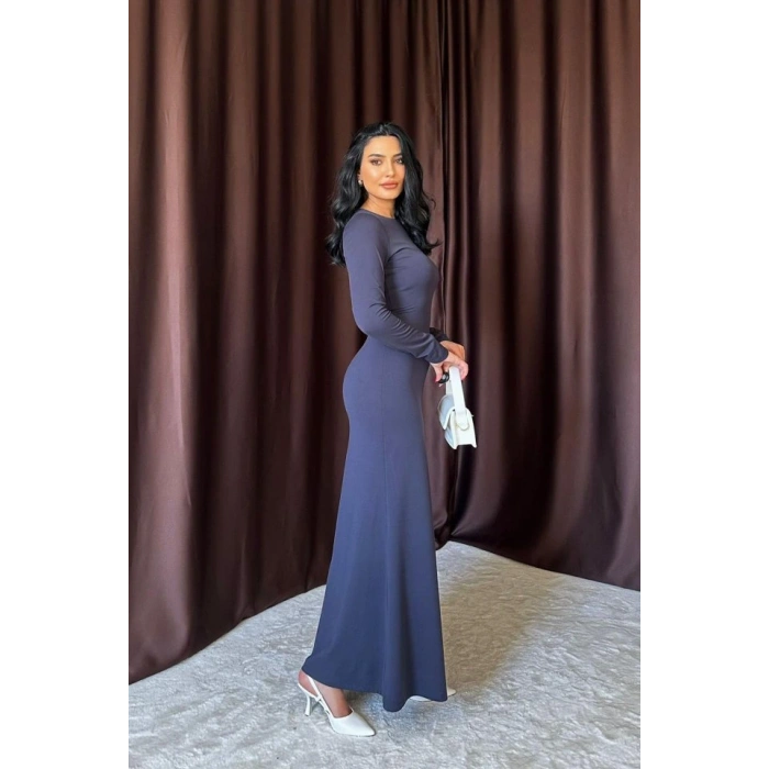 Lacivert Vücudu aran Uzun Elbise