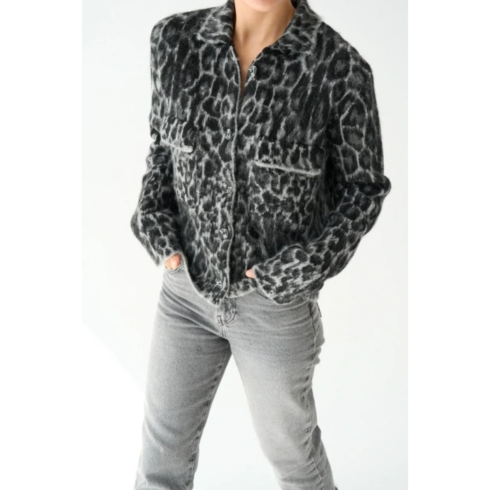 Leopar Desen Jakarlı Hırka  SiyahAçık Gri