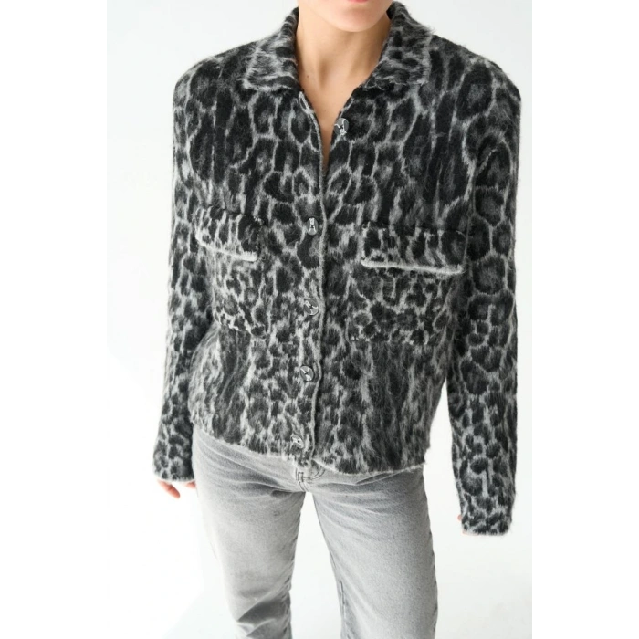 Leopar Desen Jakarlı Hırka  SiyahAçık Gri