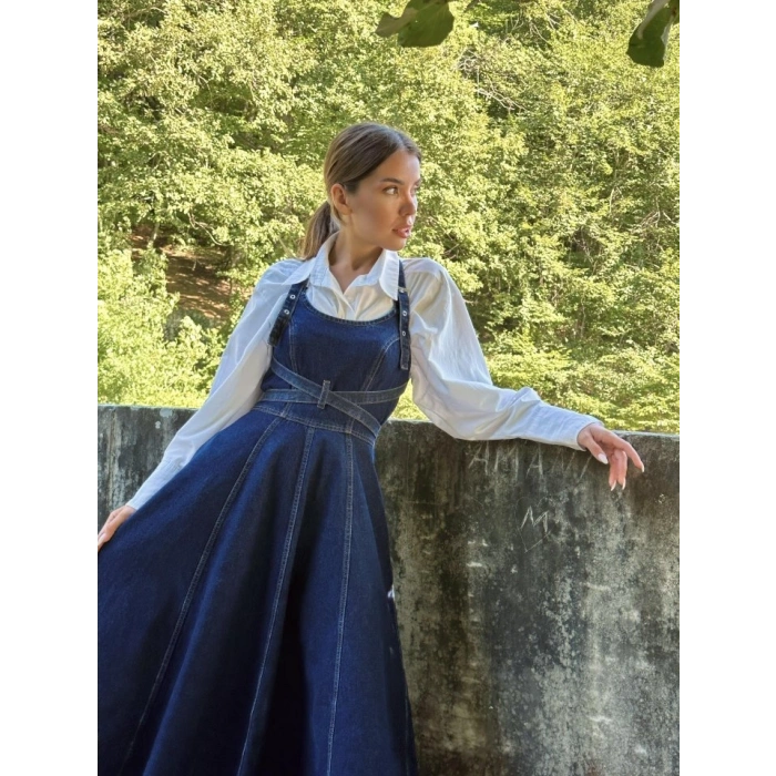 Mavi Midi Boy Bantlı Kot Elbise