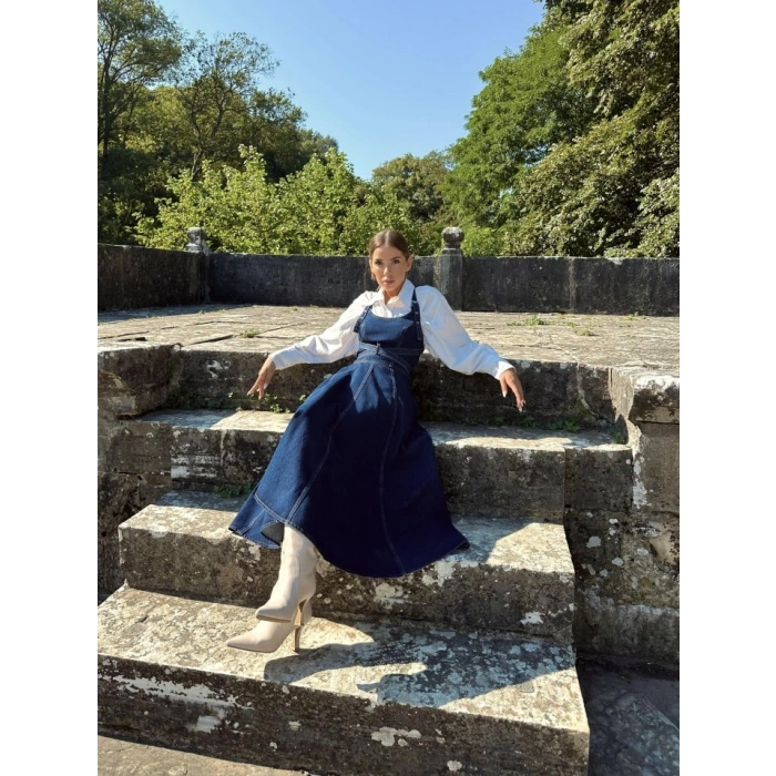 Mavi Midi Boy Bantlı Kot Elbise