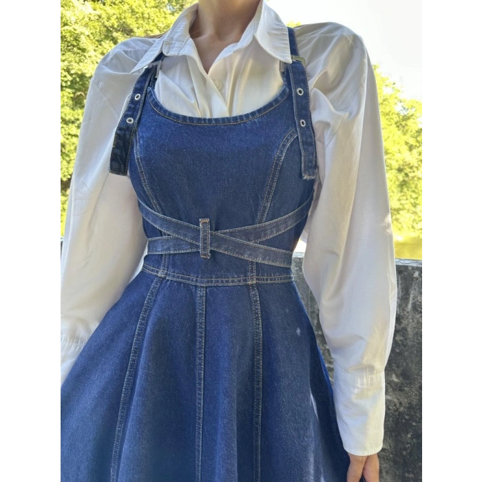 Mavi Midi Boy Bantlı Kot Elbise