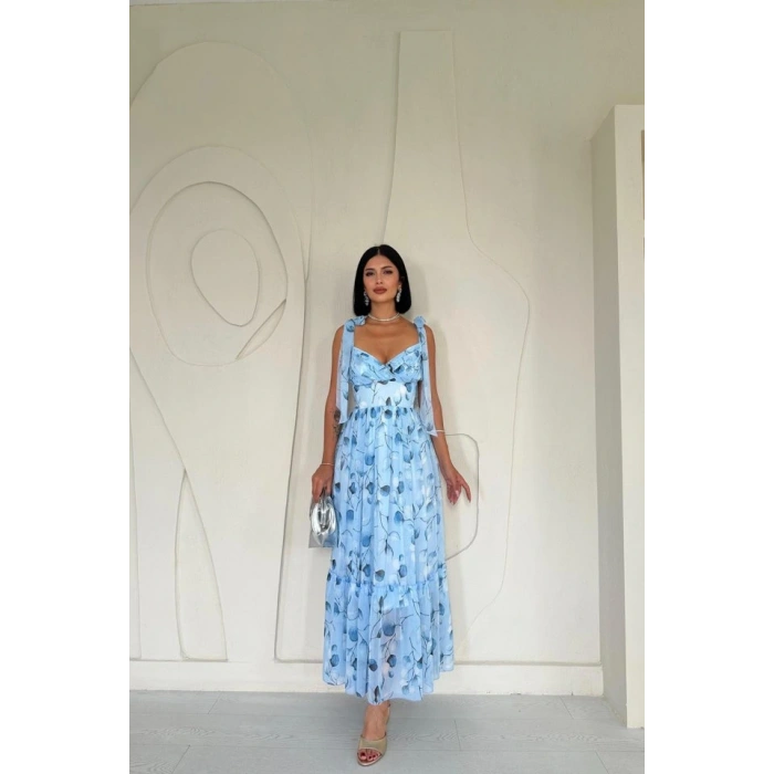 Mavi Şifon Drapeli Elbise